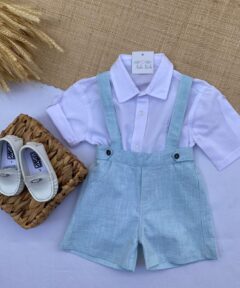 Conjunto Verão Batizado Casamento infantil menino Camisa manga curta e Jardineira e gravata Linho Verde Bebê