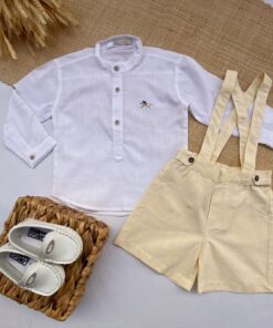 Conjunto Verão Batizado Casamento infantil menino Jardineira bermuda Linho Amarelo e Bata Gola Padre manga Longa