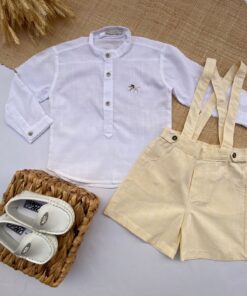 Conjunto Verão Batizado Casamento infantil menino Jardineira bermuda Linho Amarelo e Bata Gola Padre manga Longa