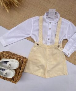 Conjunto Verão Batizado Casamento infantil menino Jardineira bermuda Linho Amarelo e Bata Gola Padre manga Longa