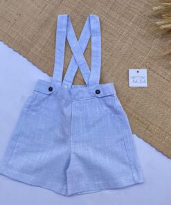 Jardineira Premium em Tecido Flamê Textura Linho Azul Bebê Macacão Menino Bermuda Infantil Luxo