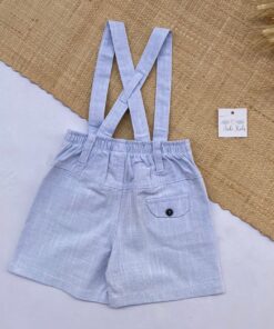 Jardineira Premium Linho Azul Bebê Macacão Menino Bermuda Infantil Luxo