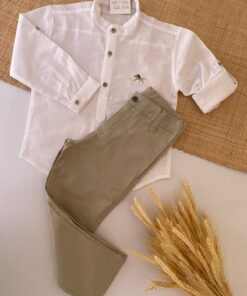 Conjunto Infantil Menino Bata Manga Longa Calça Sarja Marfim Premium
