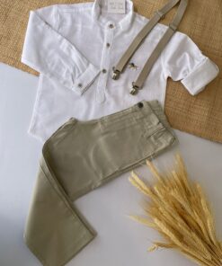 Conjunto Infantil Menino Bata Manga Longa Calça Sarja Marfim e Suspensório Bege Premium