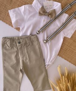 Alternative view of Conjunto Infantil Menino Body Manga Curta Calça Sarja Gravata e Suspensório Branco Bege Preto