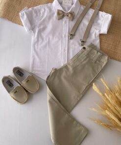 Conjunto Infantil Menino Camisa Manga Curta Calça Sarja Gravata e Suspensório Bege Premium