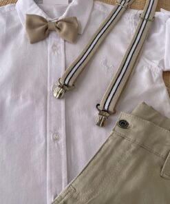 Alternative view of Conjunto Infantil Menino Camisa Manga Curta Calça Sarja Gravata e Suspensório Branco Preto Bege