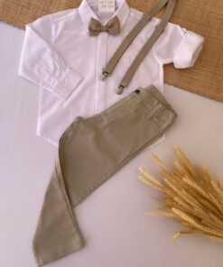 Conjunto Infantil Menino Camisa Manga Longa Calça Sarja Gravata e Suspensório Bege Premium