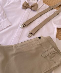 Alternative view of Conjunto Infantil Menino Camisa Manga Longa Calça Sarja Gravata e Suspensório Bege Premium