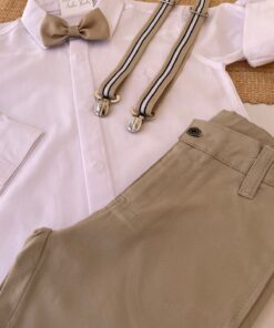 Alternative view of Conjunto Infantil Menino Camisa Manga Longa Calça Sarja Gravata e Suspensório Branco Bege Preto