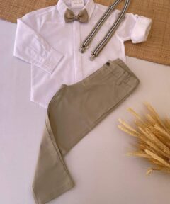 Conjunto Infantil Menino Camisa Manga Longa Calça Sarja Gravata e Suspensório Branco Bege Preto