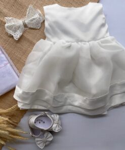 Vestido Emilly infantil menina bebê Tule Laço Renda Branco Premium Luxo
