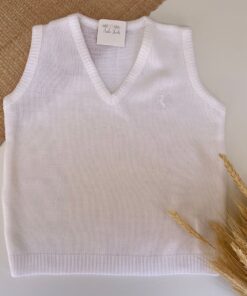 Colete Branco Tricot gola v Bordado Cavalinho infantil menino Festas Batizado luxo