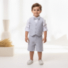 Conjunto Batizado Dominic infantil menino Camisa Bermuda Gravata Colete em Tecido Flamê Textura Linho Azul Bebê Luxo
