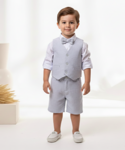 Conjunto Batizado Dominic infantil menino Camisa Bermuda Gravata Colete em Tecido Flamê Textura Linho Azul Bebê Luxo