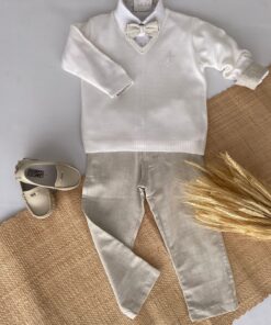 Alternative view of Conjunto Batizado Nicolas Luxo Casamento infantil menino Body Calça Linho Suéter Branco Gravata bege Luxo