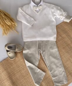 Conjunto Lorenzo Batizado Luxo Casamento infantil menino Camisa Calça de Linho Suéter Branco Gravata bege
