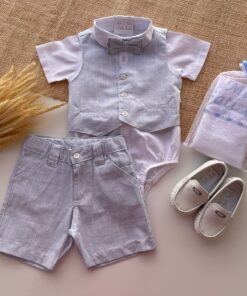 Conjunto Batizado Premium em Tecido Flamê Textura Linho infantil menino Body Bermuda Gravata Colete Azul Bebê