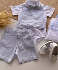 Alternative view of Conjunto Batizado Premium em Tecido Flamê Textura Linho infantil menino Body Bermuda Gravata Colete Azul Bebê
