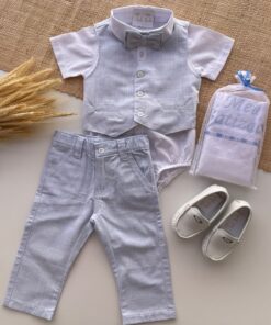 Alternative view of Roupa de Batizado Conjunto Davi Luiz Premium em Tecido Flamê Textura Linho infantil menino Body Calça Gravata Colete Azul Bebê