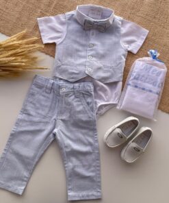 Alternative view of Roupa de Batizado Conjunto Davi Luiz Premium em Tecido Flamê Textura Linho infantil menino Body Calça Gravata Colete Azul Bebê