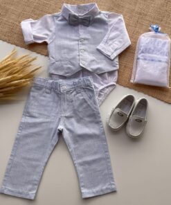 Conjunto Batizado infantil menino Body Manga Longa Calça Gravata Colete em Tecido Flamê Textura Linho Azul Bebê Luxo