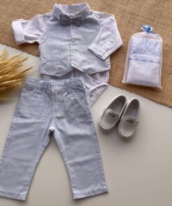 Alternative view of Conjunto Batizado infantil menino Body Manga Longa Calça Gravata Colete em Tecido Flamê Textura Linho Azul Bebê Luxo