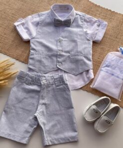 Conjunto Batizado infantil menino Camisa Bermuda Gravata Colete em Tecido Flamê Textura Linho Azul Bebê Luxo