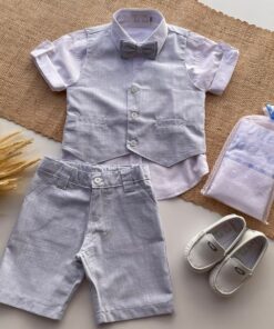 Alternative view of Conjunto Batizado infantil menino Camisa Bermuda Gravata Colete em Tecido Flamê Textura Linho Azul Bebê Luxo