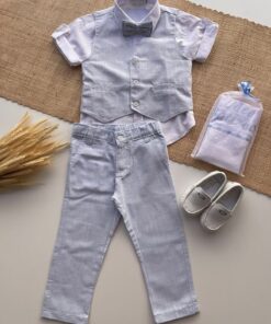 Conjunto Batizado infantil menino Camisa Calça Gravata Colete em Tecido Flamê Azul Bebê Luxo