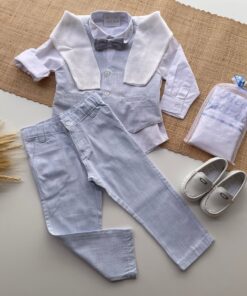 Alternative view of Conjunto Heitor Batizado infantil menino Camisa Tricoline Calça Gravata Colete em Tecido Flamê Azul Bebê e Pulôver