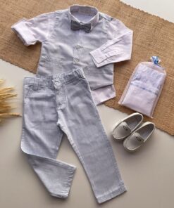 Conjunto Batizado infantil Menino Camisa Tricoline Calça Gravata Colete em Tecido Flamê Azul Bebê Luxo