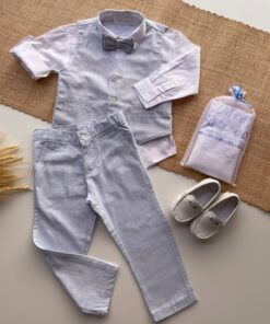 Alternative view of Conjunto Batizado infantil Menino Camisa Tricoline Calça Gravata Colete em Tecido Flamê Azul Bebê Luxo