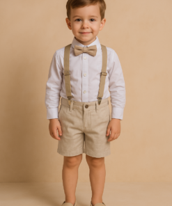 Conjunto Davi Premium Batizado Infantil Menino Bermuda Linho Camisa Manga longa Gravata Suspensório Bege