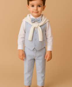 Conjunto Heitor Batizado infantil menino Camisa Tricoline Calça Gravata Colete em Tecido Flamê Azul Bebê e Pulôver