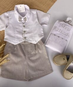 Alternative view of Conjunto Infantil Menino Premium Body Bermuda Gravata Borboleta Colete Branco e Bege Batizado Festas Casamentos
