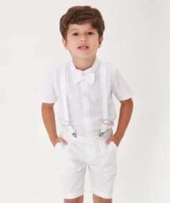 Conjunto Infantil Menino Body Branco Bermuda Gravata Suspensório Branco Batizado Festas Premium