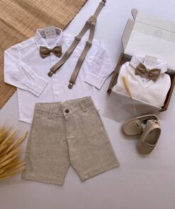 Alternative view of Conjunto Davi Premium Batizado Infantil Menino Bermuda Linho Camisa Manga longa Gravata Suspensório Bege