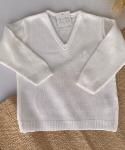 Pulôver Casaco Branco Suéter Tricot gola v Bordado Cavalinho infantil menino Festas Batizado luxo