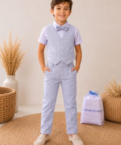 Conjunto Thomas Camisa Calça Colete e Gravata em Flamê Azul Bebê