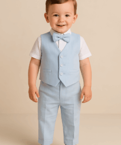 Roupa de Batizado Conjunto Davi Luiz Premium em Tecido Flamê Textura Linho infantil menino Body Calça Gravata Colete Azul Bebê