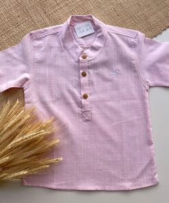 Camisa Bata Cambraia Rosa manga curta com gola padre Infantil menino bordado cavalinho