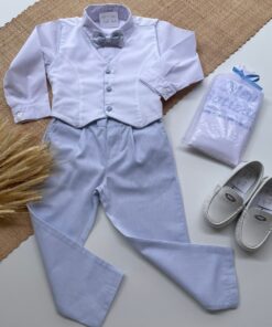 Conjunto Batizado Infantil Menino Camisa Colete Branco Calça e Gravata Borboleta Azul-bebê