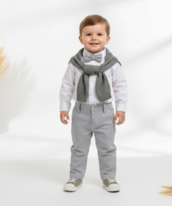Roupa de Batizado menino Conjunto Henrique Casamento Bebê menino Body Calça Tecido Flamê Gravata Cardigã Cinza Luxo