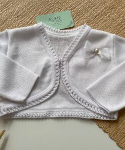 Bolero Infantil Batizado em Tricô Branco com Laco em Organza Manga Longa