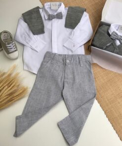 Alternative view of Conjunto Théo Batizado Casamento menino Camisa Calça e Gravata em Tecido Flamê e Cardigã Cinza