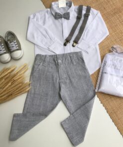 Conjunto infantil Batizado Casamento menino Camisa Calça em Tecido Flamê Gravata e Suspensório Cinza
