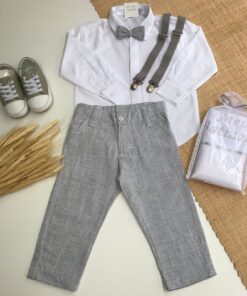 Alternative view of Conjunto infantil Batizado Casamento menino Camisa Calça em Tecido Flamê Gravata e Suspensório Cinza