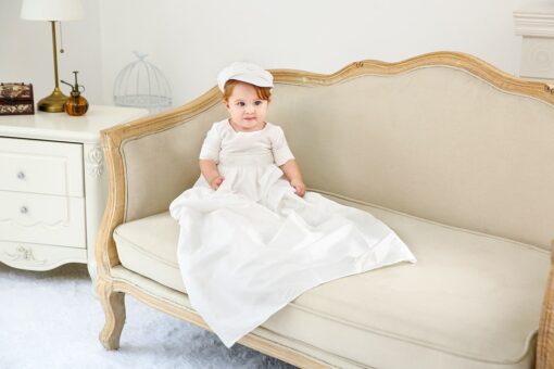 Mandrião Menino infantil bebê batizado em Cambraia de algodão Branco com Chapéu Luxo