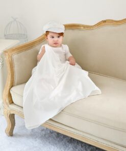 Mandrião Menino infantil bebê batizado em Cambraia de algodão Branco com Chapéu Luxo